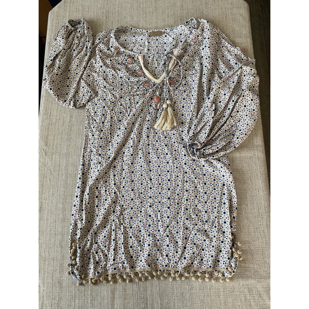 SKEMO V neck oversized Boho pullover beaded tassel tunic top swim cover up M